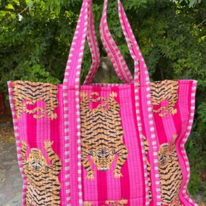 Pink Tiger Cotton Quilted Tote Bag
