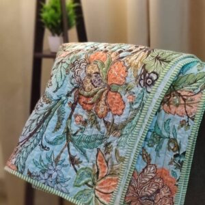 Blue Meadow Quilted Cotton Bed Throw Blanket