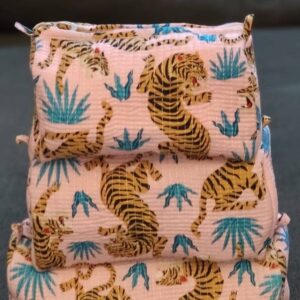 Baby Pink Tiger Print Cotton Travel/ Makeup Bag/Cosmetic Bag