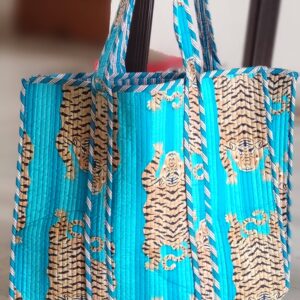 Turquoise Blue Tiger Cotton Quilted Tote Bag