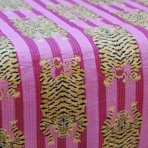 Pink Tiger Quilted Cotton Bed Throw Blanket